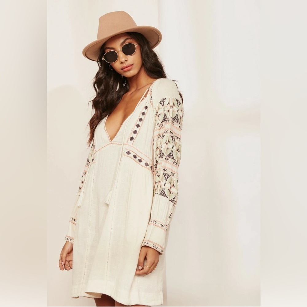 Free People Cream Embroidered Mini Dress
